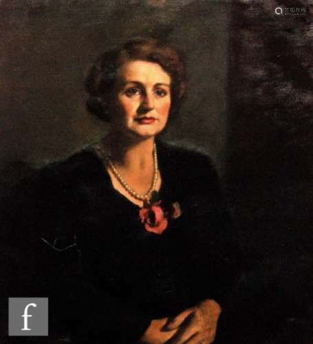 AILEEN DENT (1890-1978) - Portrait of a lady wearing a black dress and pearl necklace, half