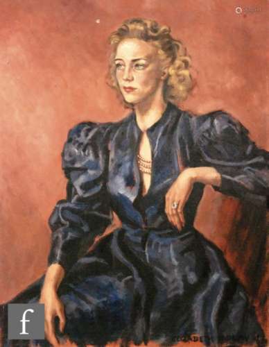 ELIZABETH TAPLEY (MID 20TH CENTURY) - Portrait of a lady wearing a blue ballgown, three quarter
