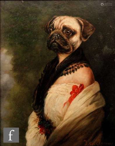 AFTER J. G. CLONNEY - Portrait of pug in a dress, oil on panel, bears false signature, framed,