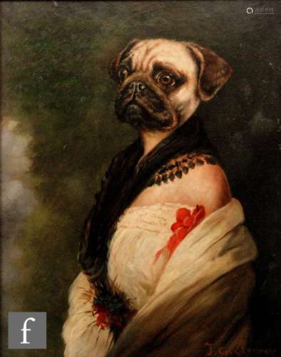 AFTER J. G. CLONNEY - Portrait of pug in a dress, oil on panel, bears false signature, framed,