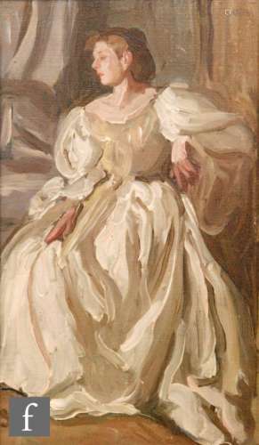 ARTHUR STUDD (1863-1919) - 'The White Silk Dress', oil on board, signed, inscribed on label verso,