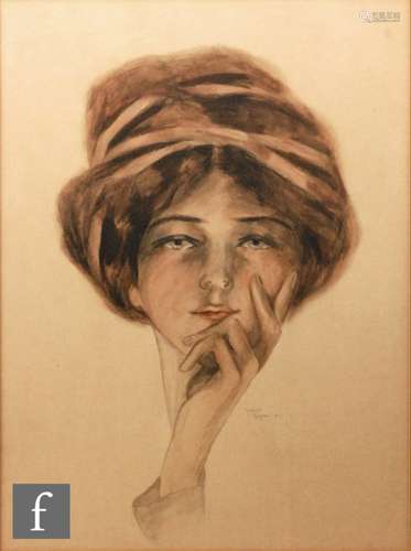 MARIE G. RAMPTON (EARLY 20TH CENTURY) - A wistful beauty, watercolour, signed, framed, 44cm x 33cm.