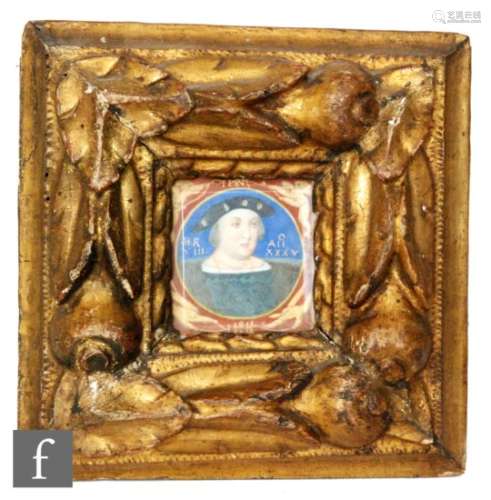 A 19th century miniature on ivory depicting King Henry VIII aged 35, in a carved gilt frame, 6cm x
