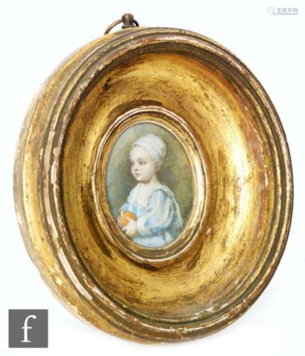AFTER GIOVANNI BATTISTA CANEVARI - 'A child holding an orange', a watercolour miniature on ivory,