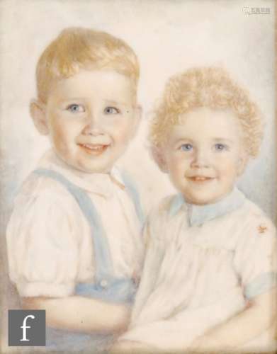 ENGLISH SCHOOL (CIRCA 1950) - Brother and sister, watercolour miniature on ivory, framed, in leather