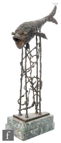 A 20th Century bronze and iron sculpture of a deep sea fish on wire support and green veined