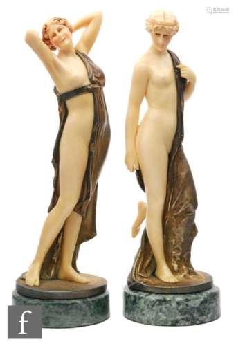 After Ferdinand Preiss - A pair of simulated Juratone ivory and part green metal mounted semi nude