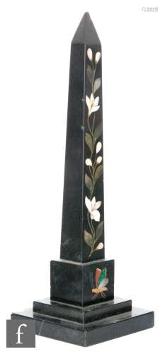 A 19th Century Ashford marble pietra dura inlaid obelisk decorated with coloured hardstones on a