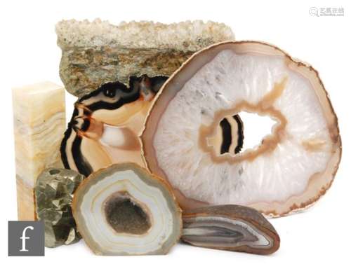 A polished Geode section, two sliced sections, a quartz section, pyrites and other specimens. (qty)