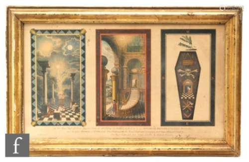 An early Masonic triple printed coloured plate by John Harris, titled to His Royal Highness Prince