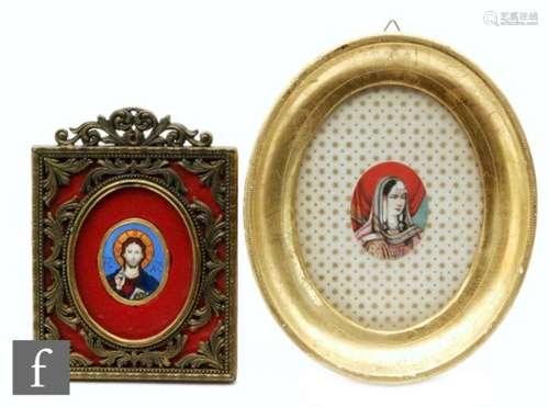 A 20th Century French enamelled miniature of Christ IC XC with halo mounted on red plush and pierced