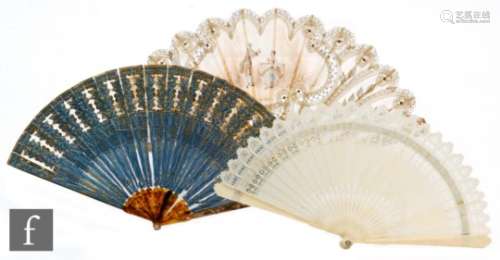 An early 19th Century tortoiseshell gilt sequin and painted fan, A/F, a 19th Century pierced ivory