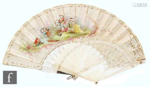 An early 19th Century fan painted with children and a goat playing, with mother of pearl pierced