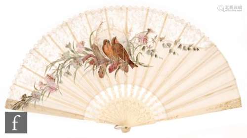 A 19th Century carved ivory silk and lace edged fan, the central scene painted with a robin amidst