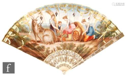 An early 19th Century painted ivory fan decorated with a classical Romanesque scene of maidens