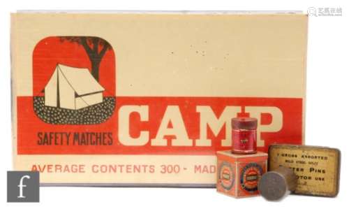 A large unopened box of Belgium camp safety matches, average contents 300 19cm x 31cm, a miniature