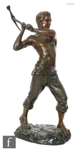 Jambage (19th Century) - A bronze figure of a young semi naked boy wielding a pickaxe, signed,
