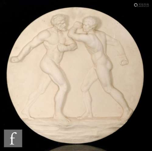 A large 20th Century French circular composite plaque of two classical nude bare knuckle fighting