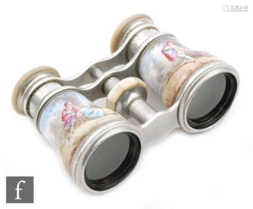 A pair of early 20th Century French enamelled opera glasses with mother of pearl eye pieces