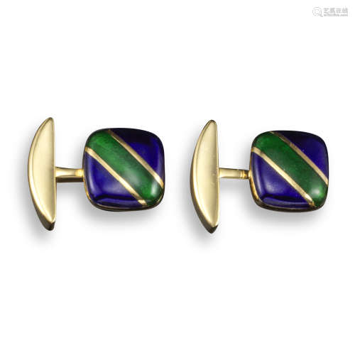 A pair of enamel and gold cufflinks