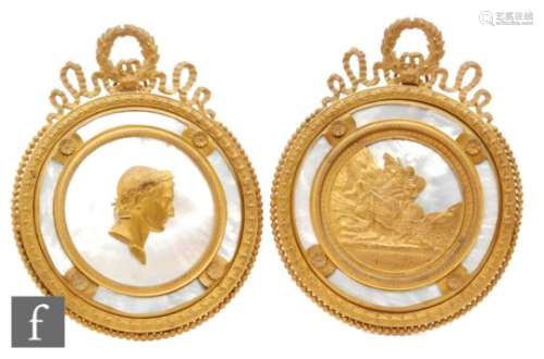 A pair of late 19th to early 20th Century French easel gilt metal plaques one of Napoleon and his