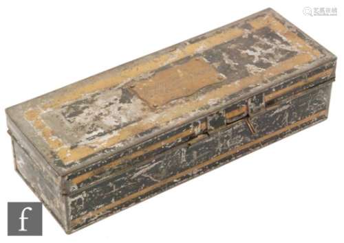 A mid 19th Century japanned gilt and black tin box, possibly for epaulets, mounted with a brass