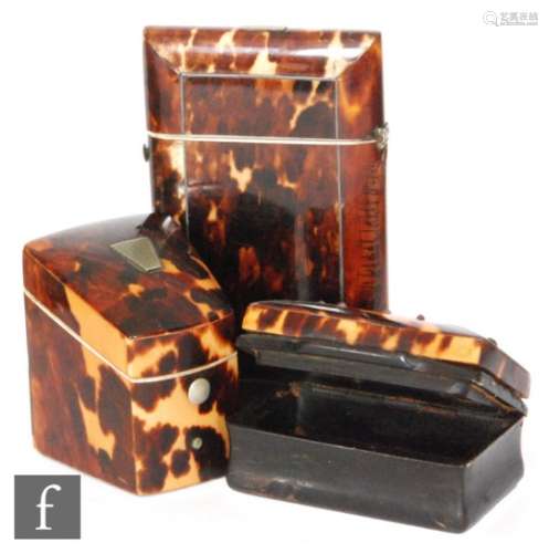 A 19th Century tortoiseshell visiting card case, 8.5cm x 5cm, a wedge needle case and a similar