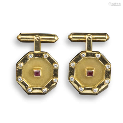 A pair of ruby and diamond-set gold cufflinks