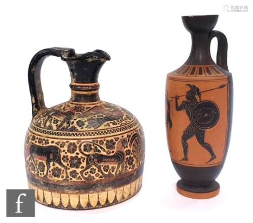 A facsimile Greek lethykos and a facsimile oinochoe painted and scrafitto decorated with sirens