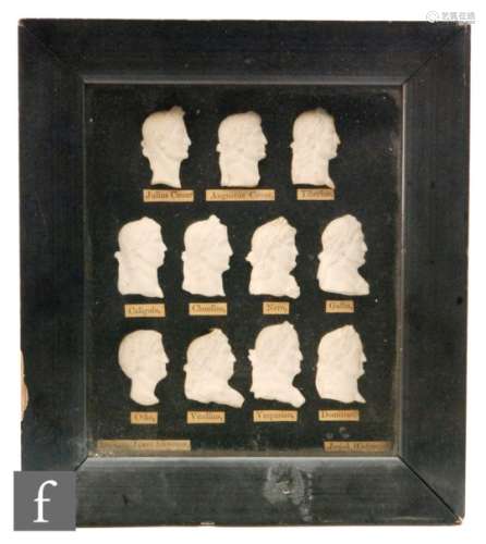 A 19th Century framed group of cameo Wedgwood style side profile busts from Julius Caesar to