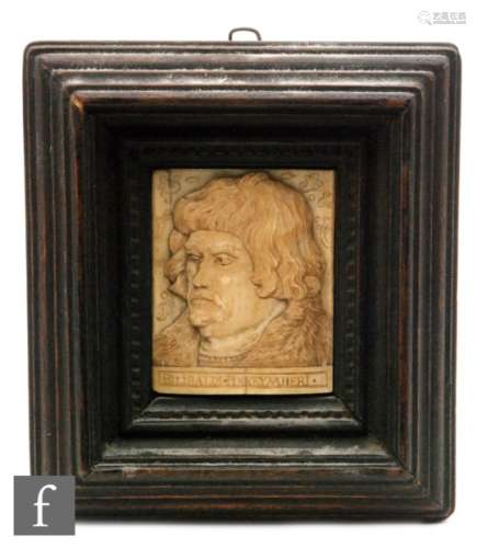 A 19th Century carved ivory plaque of Bilibadi Pirkeymheri after a drawing by Albrecht Dura, 8cm x