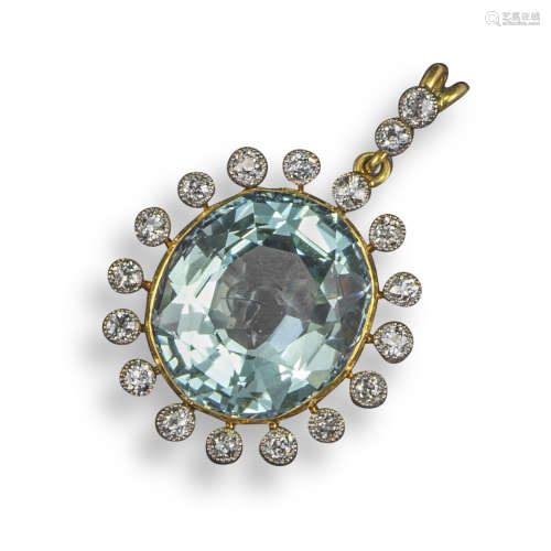 An Edwardian aquamarine and diamond pendant