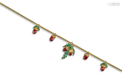 A Victorian gold and enamel acorn necklace