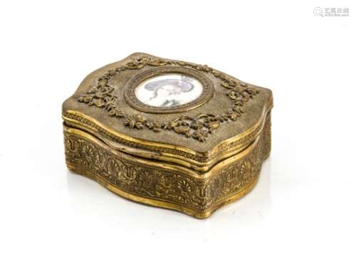 A late 19th century gilt trinket box, having ivory circular painted with a painted portrait of a