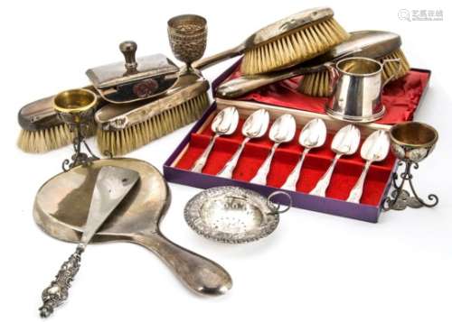 A collection of silver and other items, including a Middle Eastern white metal double ended measure,