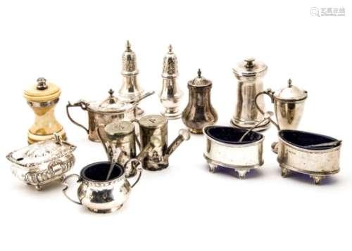 A collection of Victorian and later silver and plated seasoning and condiments items, including a