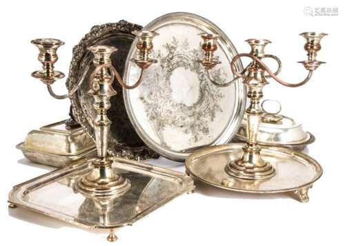 A pair of mid 19th century Sheffield plated candelabra, together with a Walker & Hall plated