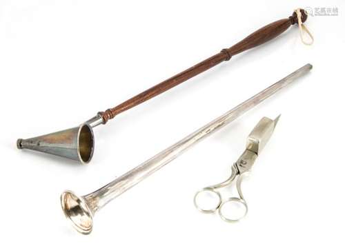 An Edwardian silver trumpet candle snuffer, together with a modern silver and wooden handled snuffer