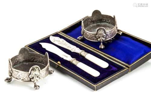 A pair of Victorian silver table salts by George Adams, together with a similar age silver plated