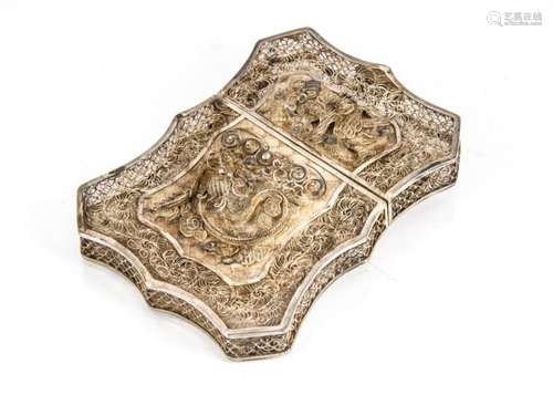 A late Victorian period Chinese silver calling card case, filigree body with applied dragon and