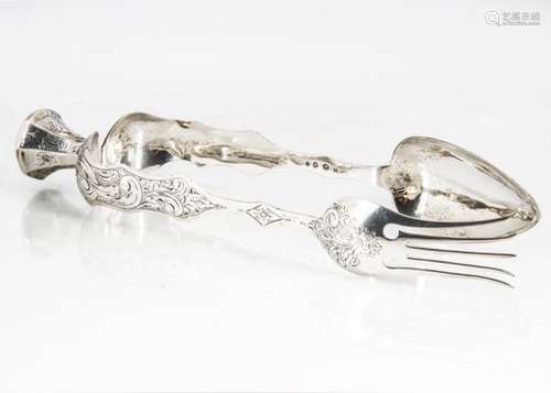 A pair of early 20th century Dutch silver servers by AHA, with engraved designs to spoon and fork