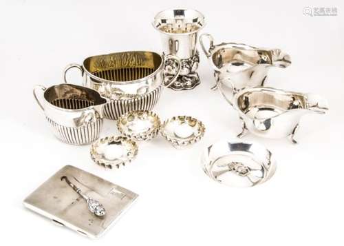 A collection of Victorian and later silver and white metal items, including a sugar basin and milk