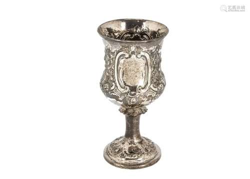 A Victorian silver trophy goblet by T.S, waisted bowl with raised foliage, having engraved