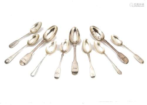 A group of ten Georgian and later silver spoons, including three dessert spoons by William Comyns