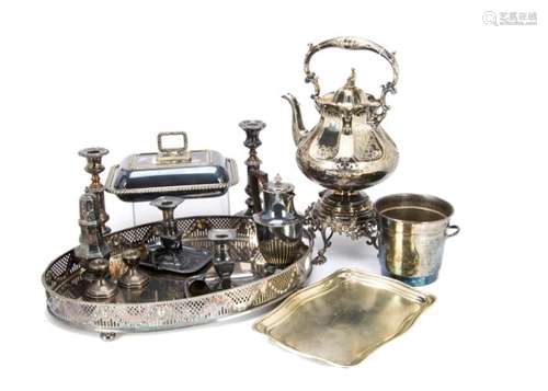 A group of Victorian and later silver plated items, also a pair of silver filled dwarf candle