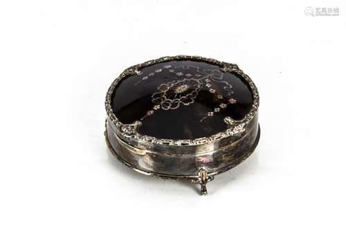 An early 20th century silver and tortoiseshell circular trinket box from Mappin & Webb, with pique