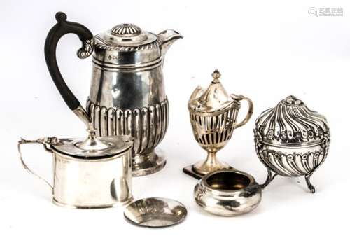 An Edwardian silver hot water pot from the Mappin Brothers, lacks finial, together with a damaged