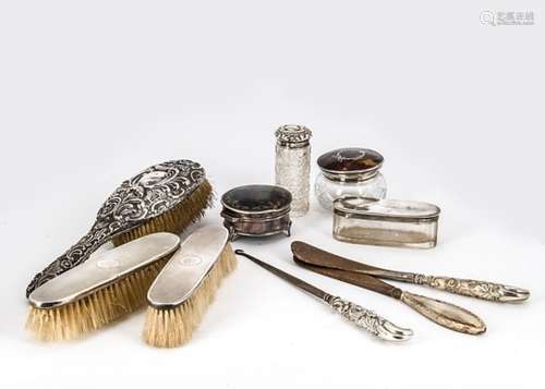 A group of Victorian and later dressing table items, including a pique trinket box and glass pot