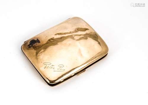 A late Victorian yellow metal cigarette case from Carrington & Co, engraved Peter Pan to front,