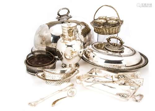 A group of Victorian and later silver plated items, including a meat cover, bearing family crest for